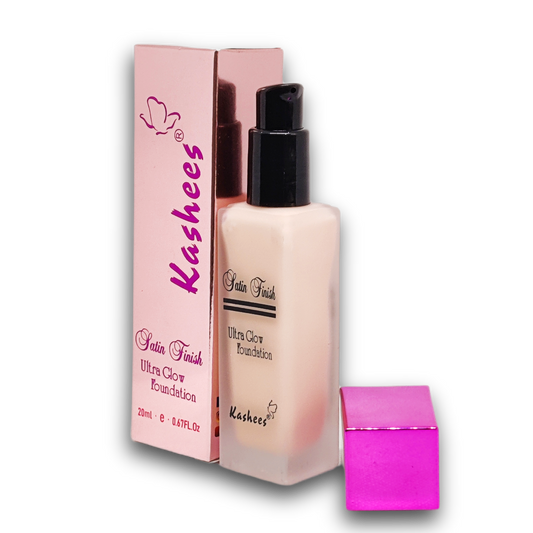 Kashees satin finish ultra glow foundation bottle with pink packaging on a white background