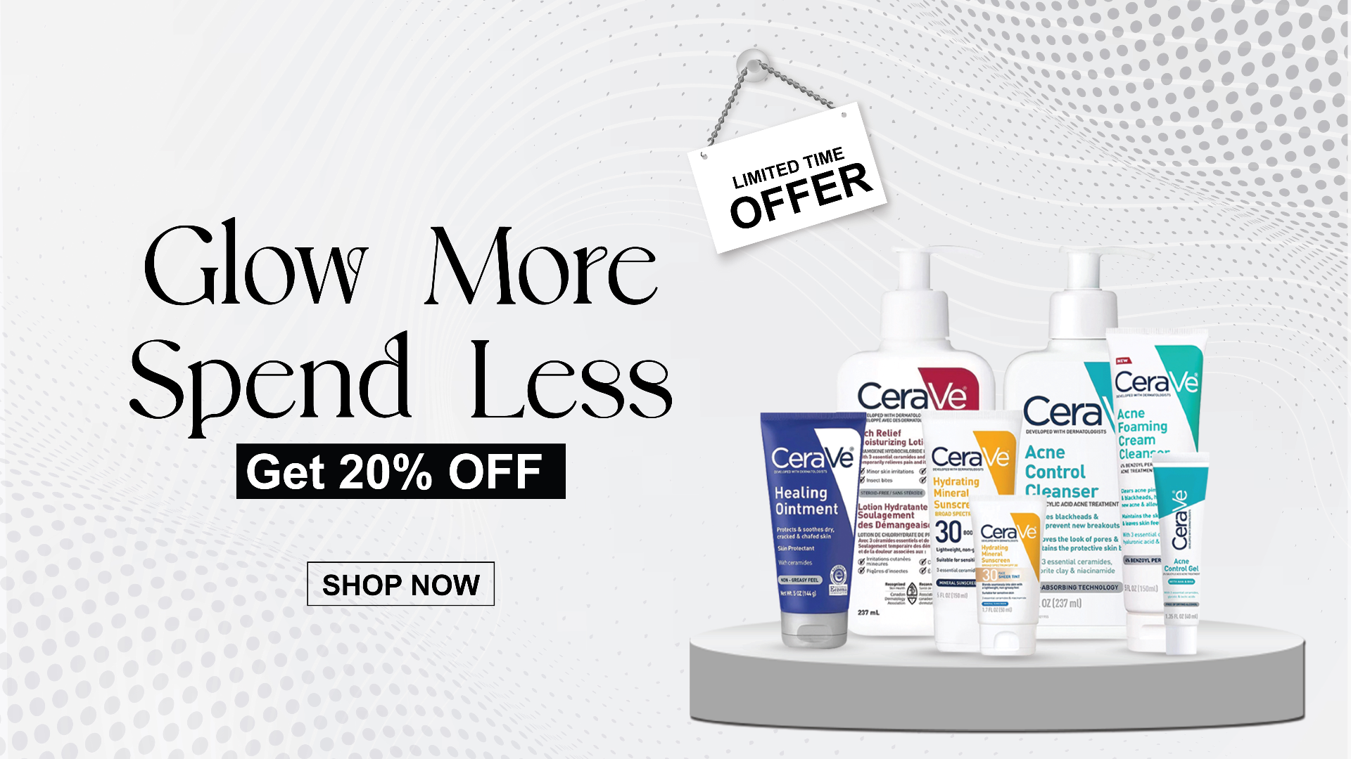 CeraVe skincare products on a shelf with promotional text on a white background