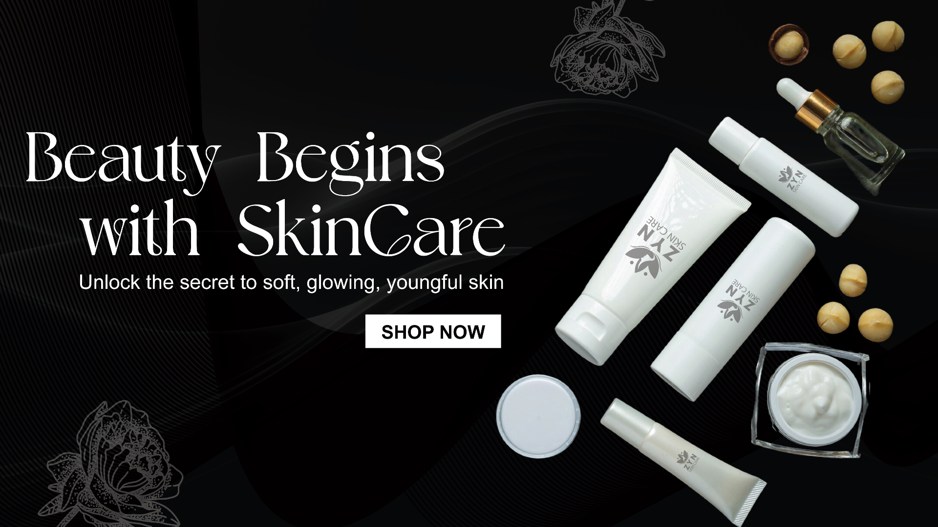 Skincare products with text 'Beauty Begins with SkinCare' on a dark background