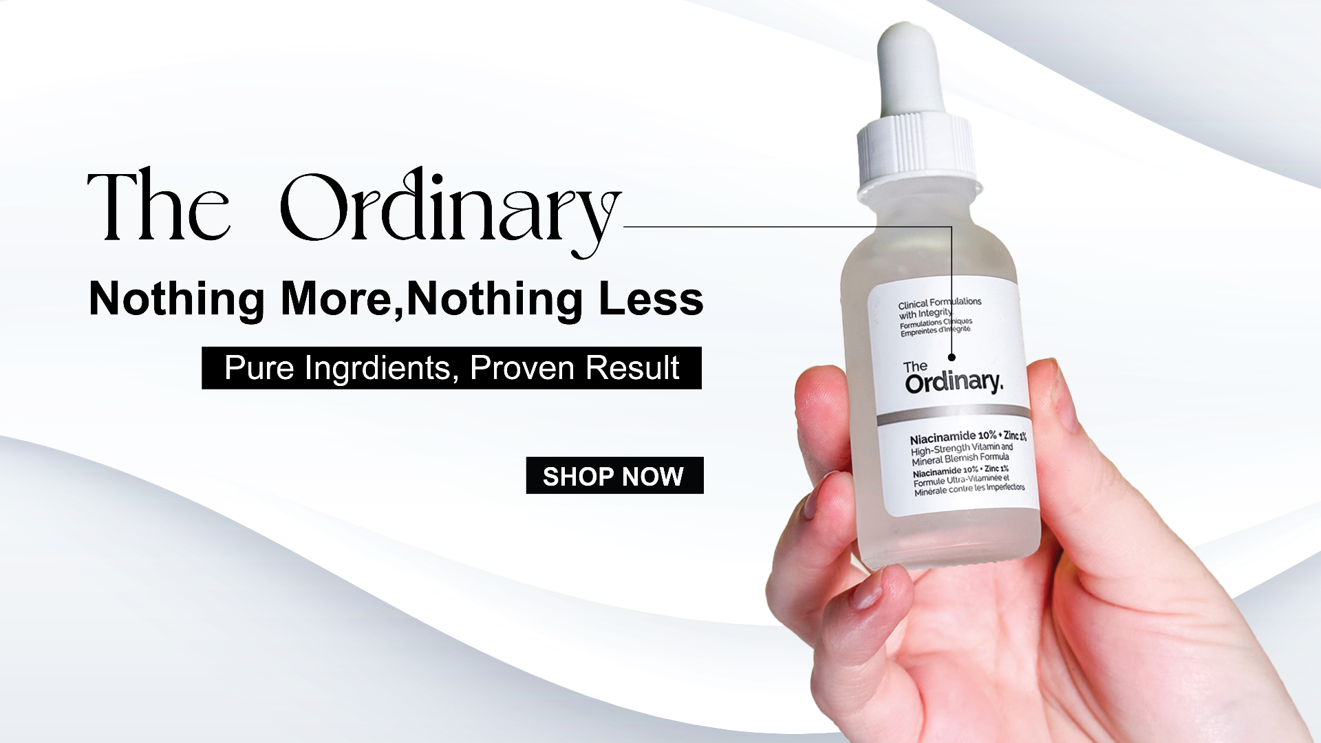 Hand holding a 'The Ordinary' skincare dropper bottle with promotional text on a white background