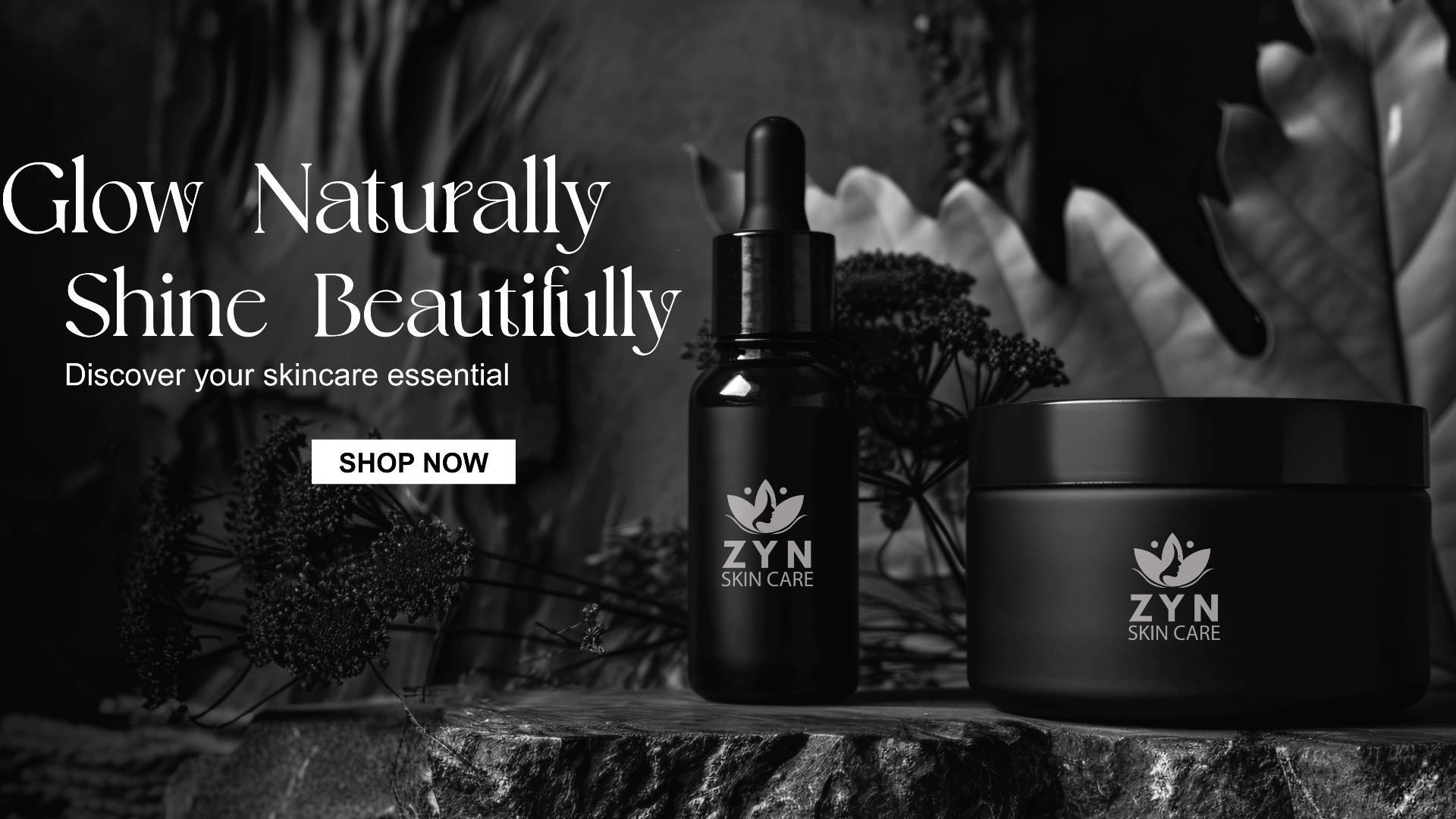 ZYN skincare products with text 'Glow Naturally, Shine Beautifully' on a black and white background.