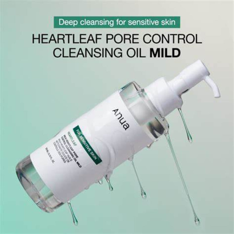 Anua Heartleaf Pore Control Cleansing Oil bottle with pump on a light green background