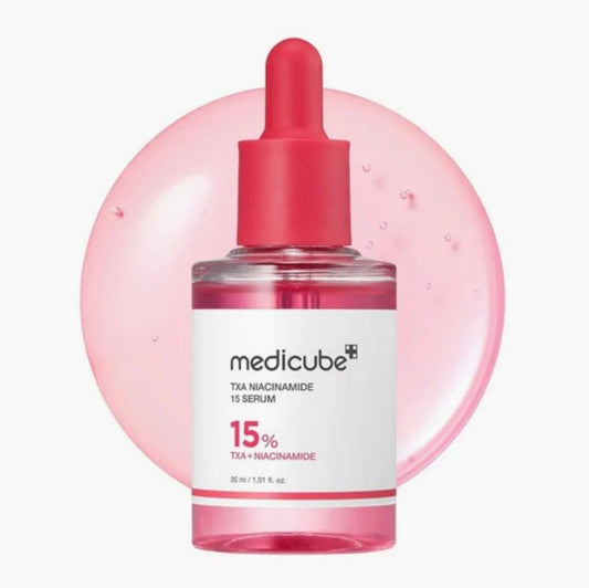 Pink skincare serum bottle with dropper on a white background