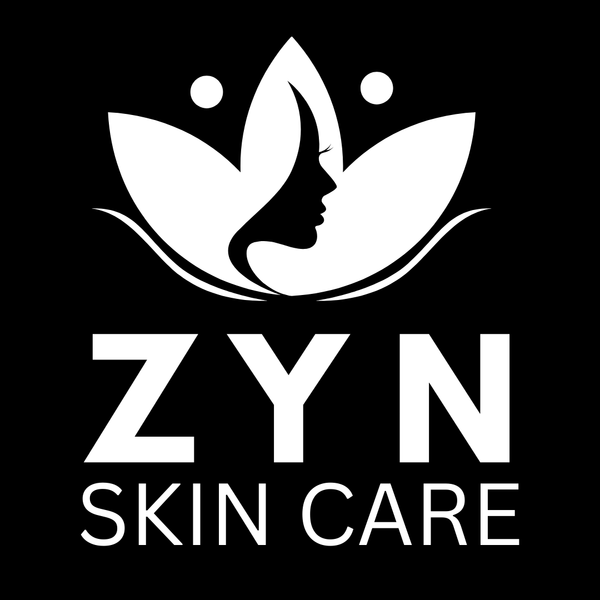 ZYN Skin Care logo with a stylized face between two leaves on a black background